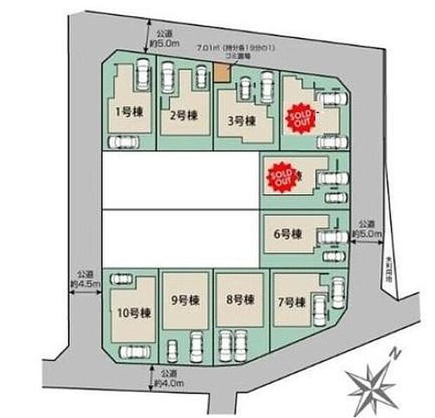 【全体区画図】カースペース2台分ご用意ございます♪（車種による）
家族分の自転車を駐輪したり、来客用の駐車スペースとしてもお使いいただけます♪
