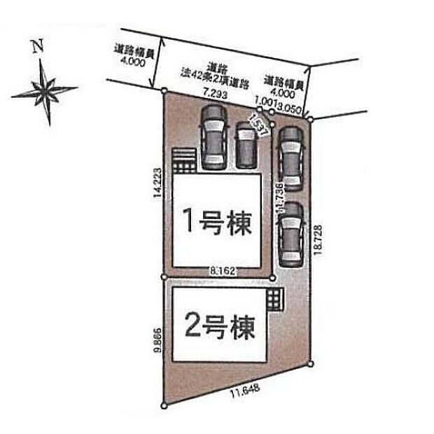 【全体区画図】JR武蔵野線「東浦和」駅利用♪自転車8分、バス利用も可◎お車2台駐車可能です(※車種による)。