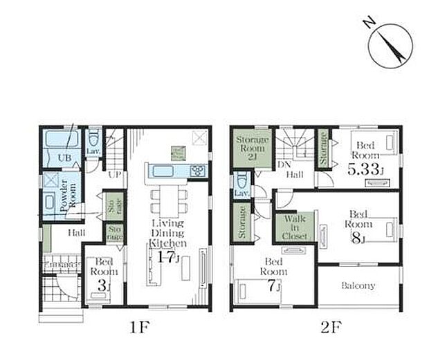 【4LDK+S】1F廊下収納に2Fにはウォークインクローゼットと納戸を完備!ワークスペースや季節物の収納にぴったりです♪17帖LKD隣には3帖の洋室があるのでお子様の遊び場スペースや学習スペースに最適です☆