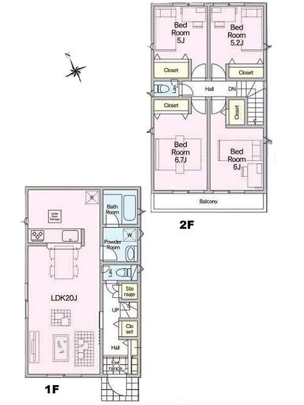 【4LDK】LDKは、20帖の開放感のある居心地良い空間です！対面キッチンでお子様のリビング学習にも最適です♪2階に4部屋をまとめることで、ご家族それぞれのプライベート空間も保てますね☆