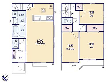 洋室を2階に集約し、プライバシーにも配慮した間取りプラン。キッチン、洗面所、キッチンの水回りがまとまっているので家事導線がスムーズです☆ 
