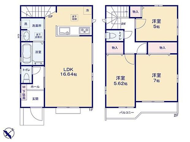 【3LDK】洋室を2階に集約し、プライバシーにも配慮した間取りプラン。キッチン、洗面所、キッチンの水回りがまとまっているので家事導線がスムーズです☆