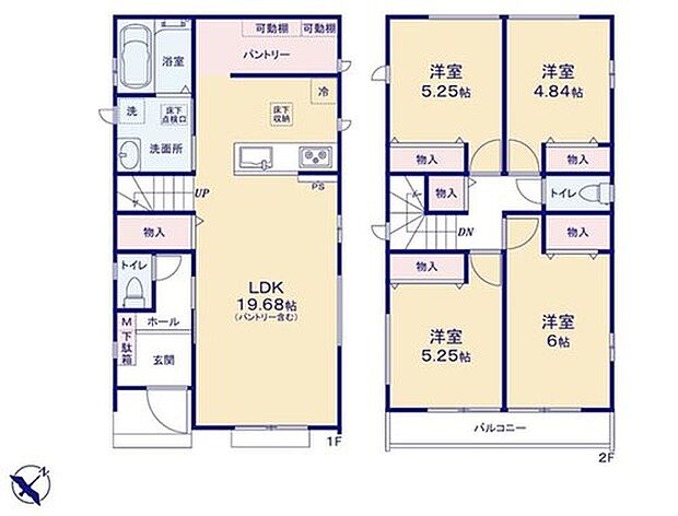 【4LDK】パントリーを設置しているのでキッチン用品、まとめ買いしてもこの収納量なら心配いらず☆カースペースは2台分ございますので、家族分の自転車を駐輪したり、来客用の駐車スペースとしてもお使いいただけます!