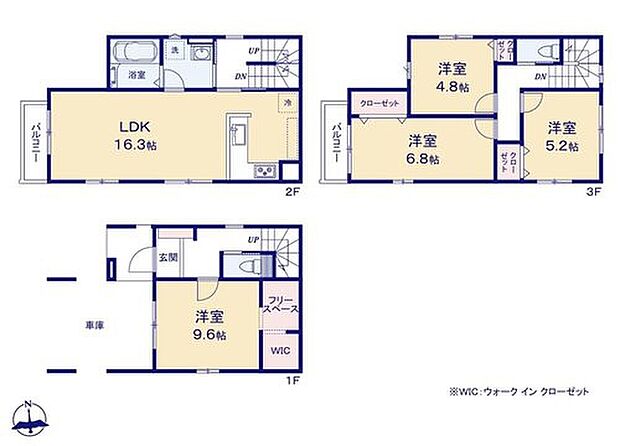 【4LDK】広々とした9.6帖の居室には手前にフリースペース、奥にWICを完備!かさばるものを収納すればお部屋はスッキリと片付きますね!2階リビングにすることで人目も気にならずプライバシーを確保することが出来ます!