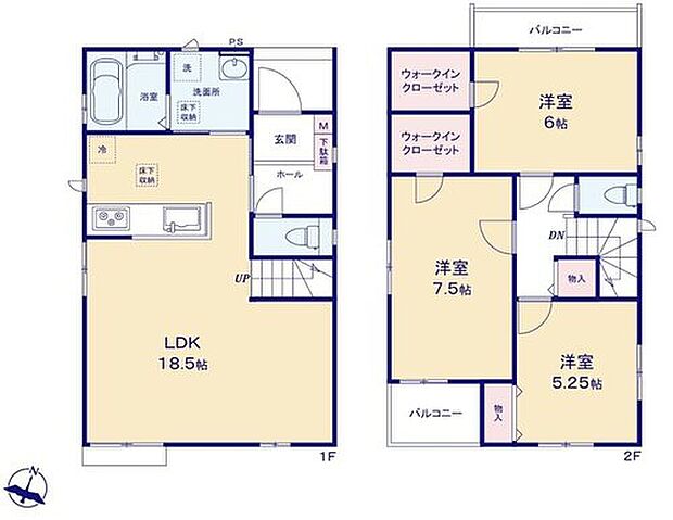 【3LDK】対面キッチンから18帖超のLDKを見渡せるので会話も弾みますね♪2階に部屋をまとめることで、ご家族それぞれのプライベート空間も保てます！水回りもまとまっているので家事がスムーズに動けます！