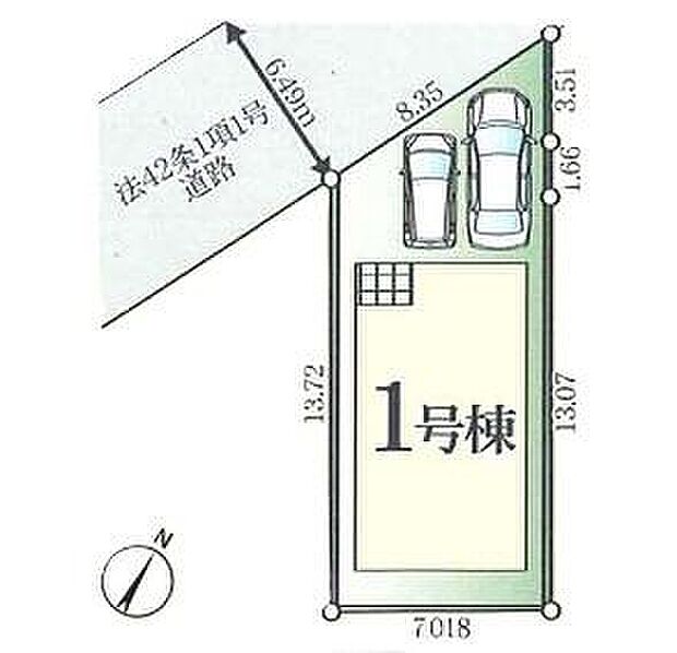 【全体区画図】前道道路が6ｍあるので、車庫入れが苦手な方でも安心して入れられます。カースペース２台分（車種による）ございますので、家族分の自転車を駐輪したり、来客用の駐車スペースとしてもお使いいただけます♪