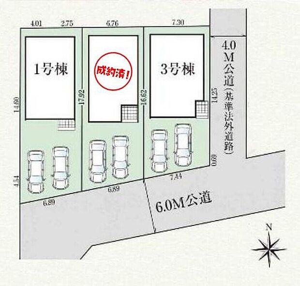 【全体区画図】並列駐車お車2台分(車種による)ございますので、家族分の自転車駐輪や来客時の駐車も可能です。また、前道道路が6mあるのでお車の駐車おスムーズです♪