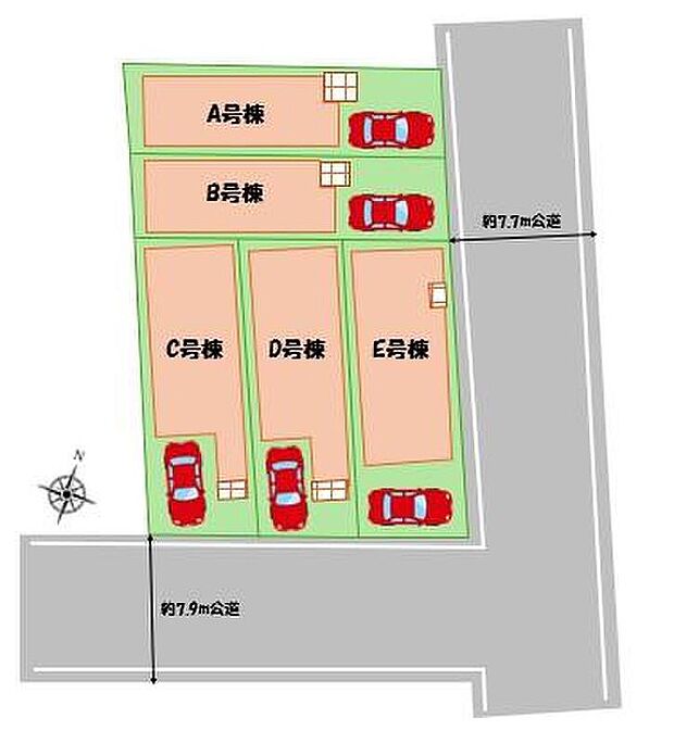 【全体区画図】5家族の新しい暮らしのステージ!
完成済み、実物をじっくりチェックできます。家族のニーズに合わせた多彩な間取りプラン 暮らしやすさを是非、現地でご体感ください♪