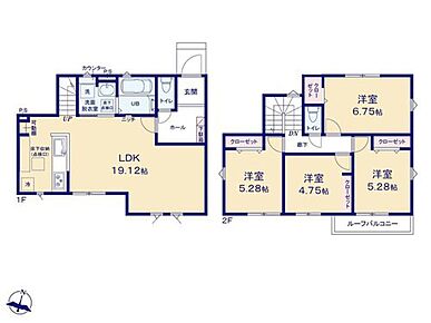 開放感あふれる19帖のリビングは、ご家族でくつろげる広々とした空間です！
リビングイン階段でご家族のコミュニケーションが増える間取り♪
キッチンには食料品のストックにも便利な可動棚付き◎ 