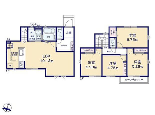 【4LDK】開放感あふれる19帖のリビングは、ご家族でくつろげる広々とした空間です!
リビングイン階段でご家族のコミュニケーションが増える間取り♪
キッチンには食料品のストックにも便利な可動棚付き◎