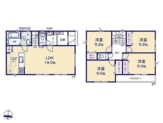 【4LDK】南面に広いLDKは明るく心地よい空間です♪家事導線がスムーズな水回り集中設計!調理の合間にサッと洗濯を回せます♪玄関すぐの手洗いので自然に身に付く手洗い習慣!生活感もそっと隠せます♪