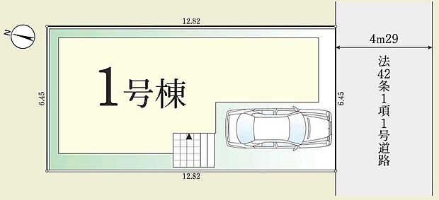 【全体区画図】建物前面にカースペースを確保した整形感のある区画。南向きの住空間を活かした配置で、室内へ明るい陽光を取り込みやすい住まいです。マイカーを利用するご家族にも嬉しいプランです。