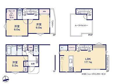 全居室南向きの3LDKプラン♪17.1帖のLDKは嬉しい3面採光☆
6帖の洋室には大容量のWIC完備◎洋服選び、衣替えも快適です♪
開放感抜群なルーフバルコニーはガーデンニングなどにも最適☆ 