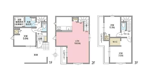 【3LDK】19.6帖のリビングは家具配置がしやすく、2階をリビングにすることで陽当たりも良く、人目も気にならずプライバシーを確保することが出来ます。広々としたバルコニーでシーツなど大きな洗濯物もらくらく干せます♪