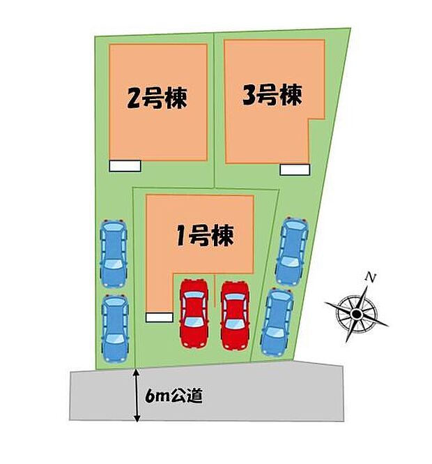 【全体区画図】カースペースが2台（車種による）分ございますので、家族分の自転車を駐輪したり、急な来客用の駐車スペースとしてもお使いいただけます♪安心の小学校まで徒歩5分に中学校まで徒歩6分！