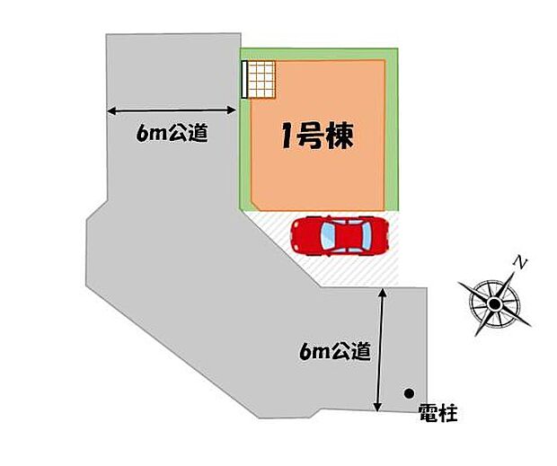 【全体区画図】前面道路は、角地で6ｍあるので車庫入れが苦手な方でも安心して入れられます♪小学校は徒歩7分で低学年のお子様でも無理なく通える距離です☆是非ご覧ください♪