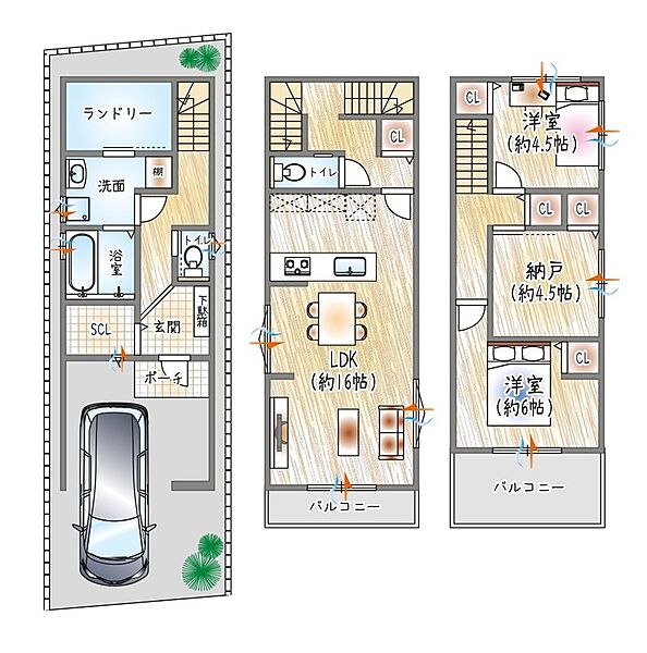 【間取り】3階全洋室に収納スペース＋玄関にSICを設置。キッチンは家族との会話が弾む対面式タイプです。洗面所～ランドリールームが繋がる、スムーズな動線な住まい◎