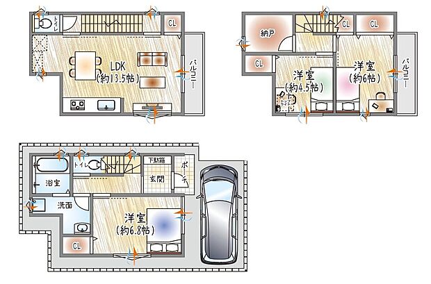 【参考プラン図】
・LDKにリビング階段を採用。ご家族のコミュニケーションを大切に♪
・収納スペースとしても利用できる納戸付き！