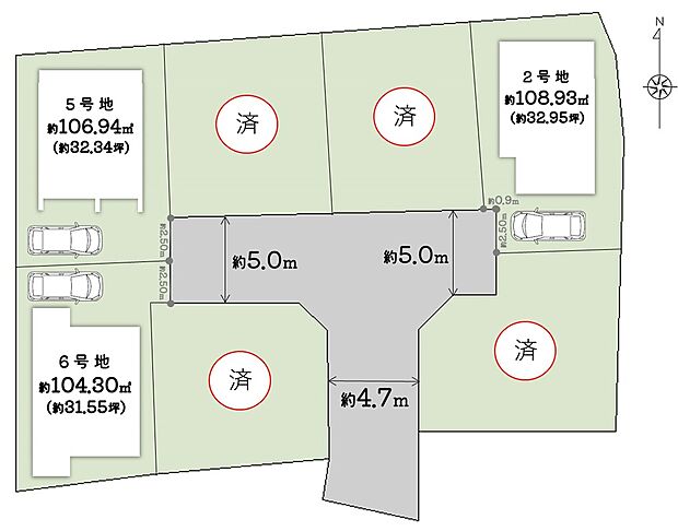 【土地図】きれいな開発分譲地!子育てしやすい住環境◎
■【2号地】土地面積:108.93m2
■【5号地】土地面積:106.94m2
■【6号地】土地面積:104.30m2