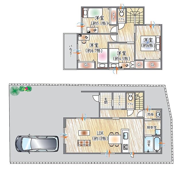 【参考プラン】(セミオーダー建物価格：2310万円～※ライフシェアメンバーシップ適用価格)
■建物面積：101.02m2■2階建て×4LDK
各居室収納＋SICの収納充実プラン！お家がスッキリ整う♪
