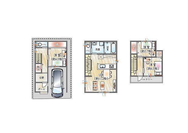 【参考プラン図(1)】(ベストプラン住宅 建物価格：2180万円～)
■建物面積：約76.28m2 ■3階×3LDK
2階に水回りをまとめ、効率的な家事動線を実現したプランです◎