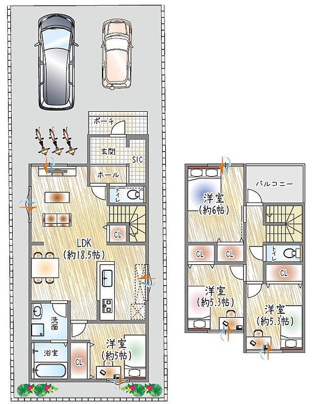 【参考プラン(1)】(ベストプラン建物価格：2180万円～)
■建物面積：m2 ■階建て×LDK
SICに加え、各洋室に収納スペースを完備。玄関まわりもすっきり整います♪