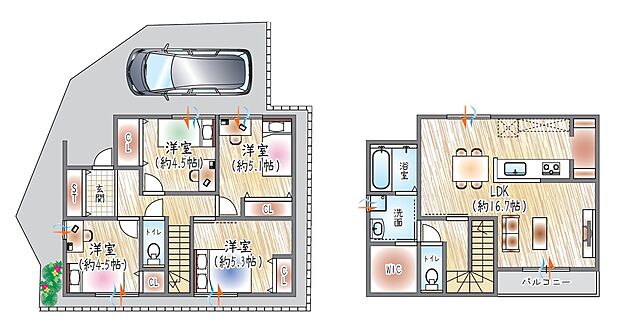 【参考プラン(1)】(ベストプラン建物価格：2180万円～)
■建物面積：96.07m2 ■2階建て×4LDK
WICやパントリーを備えた収納設計。家事効率を考えた暮らしやすい住まい◎