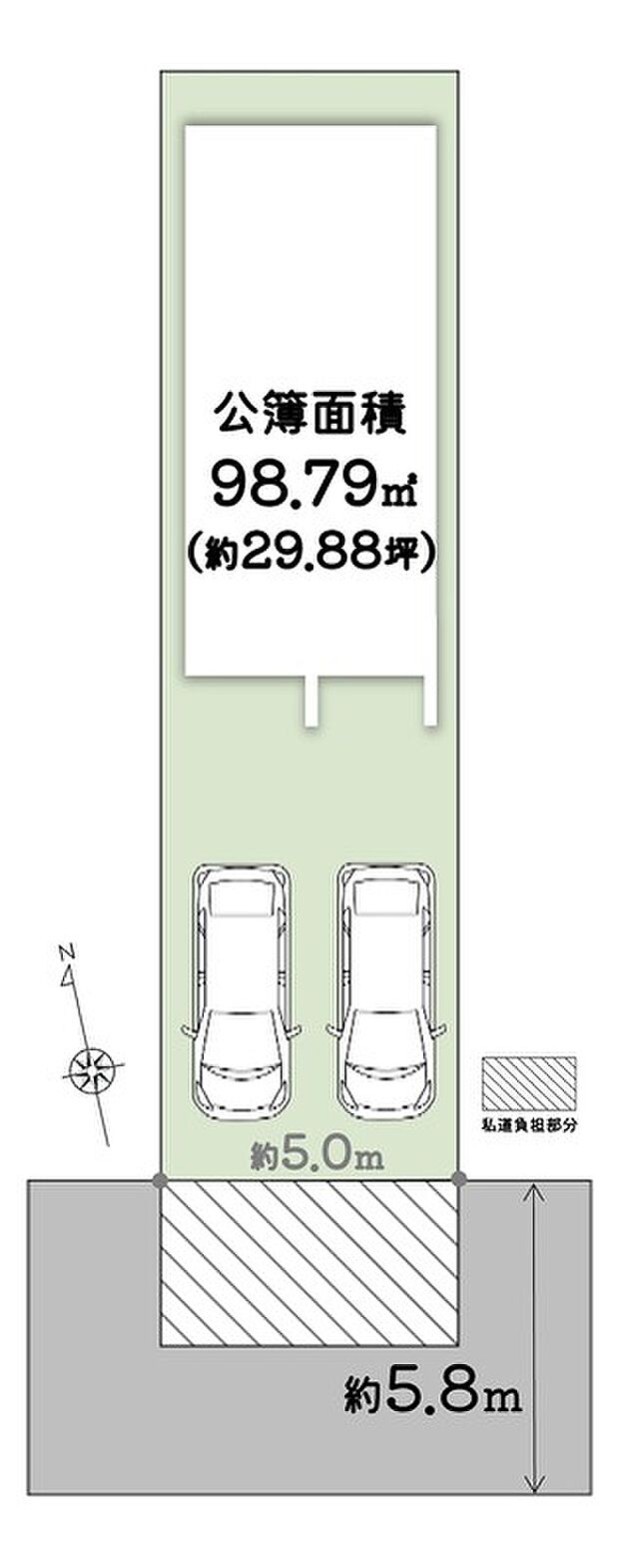 【土地図】
■土地面積:698.79m2(約29.88坪)・私道負担:約14.88m2(持ち分 1/1)