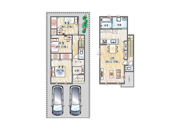 【2号地／参考プラン(1)】(ベストプラン建物価格：2480万円～)
■建物面積：90.28m2 ■2階建て×3LDK
約18帖の広々LDK×各居室収納付きですっきり暮らせるゆとりある住まい。