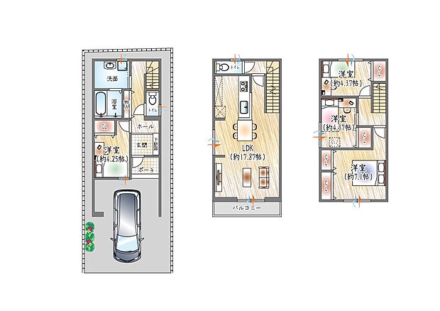 【1号地/参考プラン(1)】(ベストプラン建物価格:2480万円~)
■建物面積:98.15m2 ■3階建て×4LDK
南側からの明るい光が差し込み、LDKに家族が自然と集まる心地よい住まい。