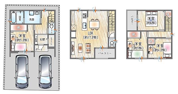 【【参考プラン図】】(ベストプラン建物価格:2,180万円~)
【建物面積:98.15m2】■3階建て×4LDK■
並列で駐車2台可能!