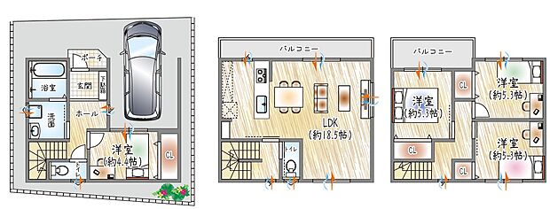 【【参考プラン】】(ベストプラン建物価格:2180万円~)
■建物面積:99.18m2 ■3階建て×4LDK
・全居室に収納を備えた、使い勝手の良い間取り♪キッチンからリビングまで見渡せる18.5帖のLDK