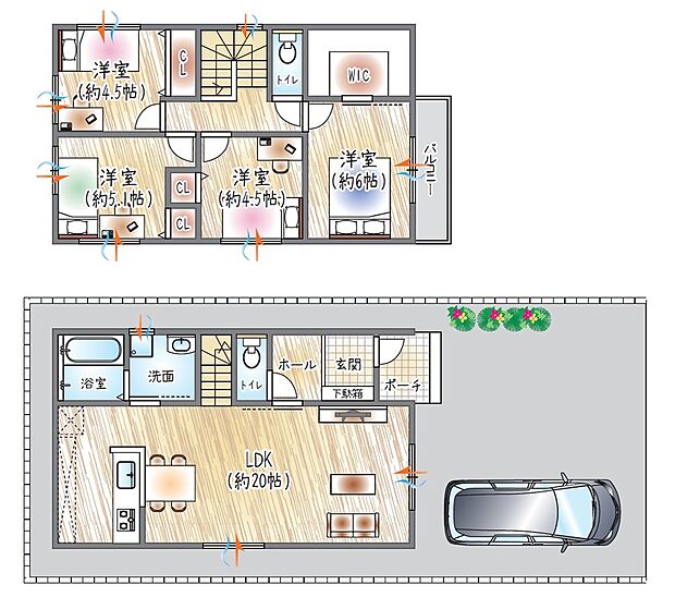 【【参考プラン(1)】】(ベストプラン建物価格：2180万円～)
■建物面積：97.73m2 ■2階建て×4LDK
20帖の開放的なLDKで、家族が自然と集まるおうち。嬉しいWIC付き♪