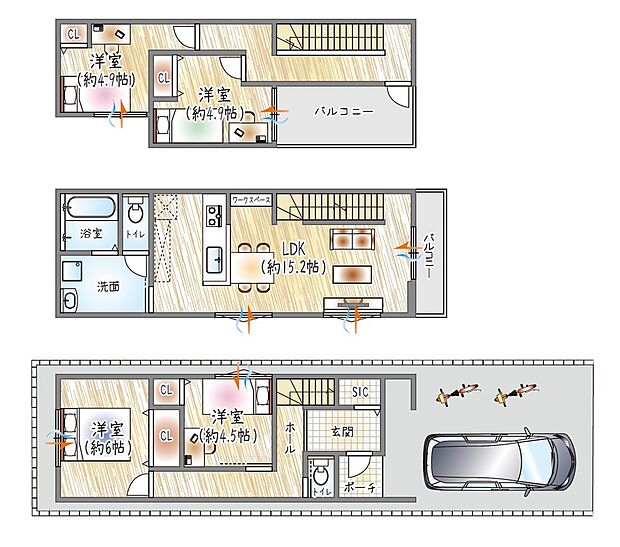 【【参考プラン(3)】】(ベストプラン建物価格:2180万円~)
■建物面積:99.15m2 ■3階建て×4LDK
水まわりは2階に集約。SIC付きで玄関から整う暮らしが叶う、家事ラク設計の3階建て。
