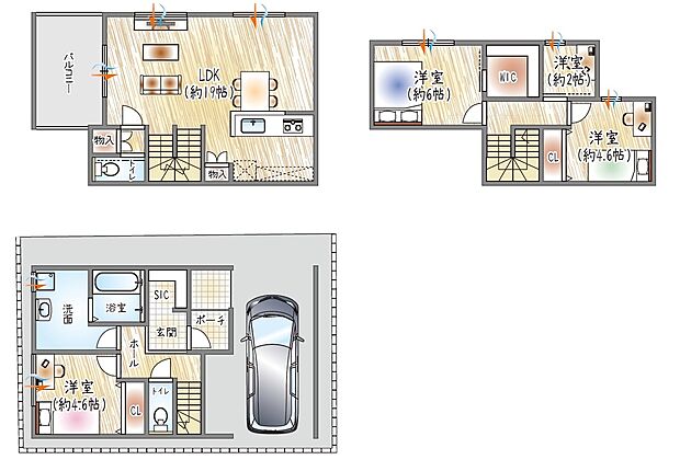 【【2号地／参考プラン(3)】】(ベストプラン建物価格：2180万円～)
■建物面積：98.14m2 ■3階建て×4LDK
19帖の開放的なLDK 。SICやWICを備え、収納にもゆとりある住まい