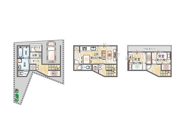 【【参考プラン(2)】】（ベストプラン建物価格：2480万円～）
■建物面積：約63.58m2 ■3階建て×2LDK
約10帖のLDKで家族が自然と顔を合わせる暮らし。