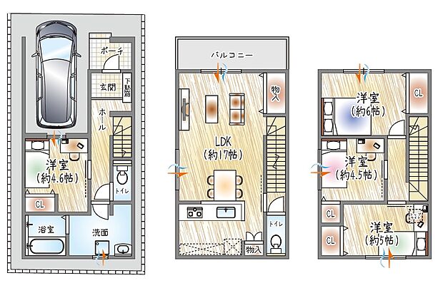 【【参考プラン(2)】】(ベストプラン建物価格:2380万円~)
■建物面積:98.15m2 ■3階建て×4LDK
ゆとりある洗面室と17帖LDKで、快適に暮らせる設計♪