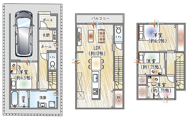 【【参考プラン(3)】】(ベストプラン建物価格:2380万円~)
■建物面積:96.07m2 ■3階建て×4LDK
開放感ある18帖LDK×対面キッチン。自然と家族が集う住まい
