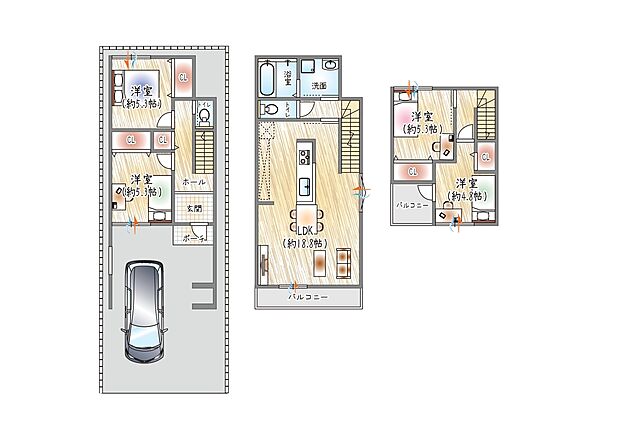 【【1号地/参考プラン(2)】】(ベストプラン建物価格:2380万円~)
■建物面積:98.94m2 ■3階建て×4LDK
広々18帖のLDK、水回り集約で家事ラクな暮らし。