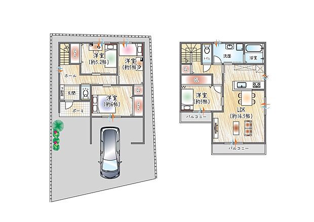 【【参考プラン図(3)】】(ベストプラン住宅 建物価格:2380万円~)
■2階建て/4LDK ■約98.12m2
2階に水回りが集約されており、家事動線抜群なプランです。