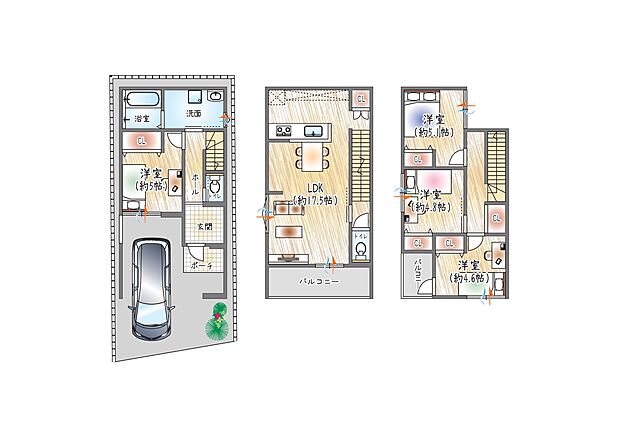 【【参考プラン図(1)】】(ベストプラン住宅 建物価格:2380万円~)
■3階建て/4LDK ■建物面積:約97.89m2
南向き×2階リビングで、明るく開放的な暮らし。