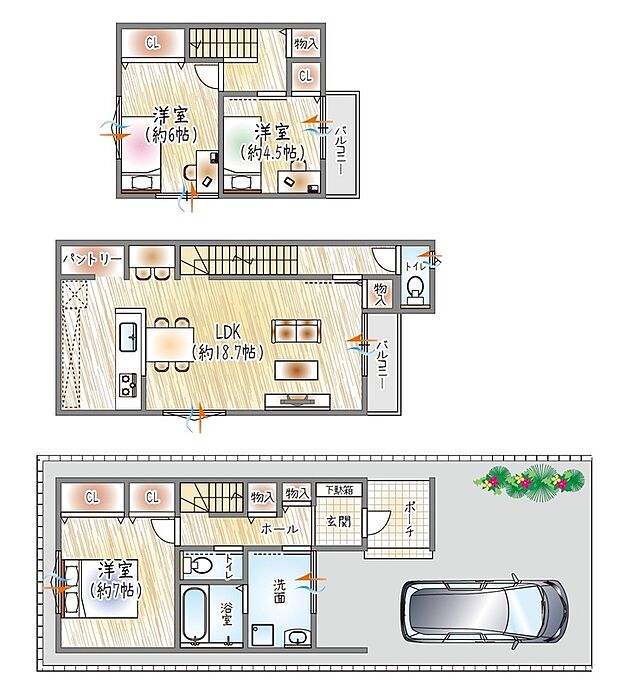 【【1号地/参考プラン(2)】】(ベストプラン建物価格:2380万円~)
■建物面積:96.49m2 ■3階建て×3LDK
18帖超LDKと対面キッチンで、家族が集まる住まい◎
