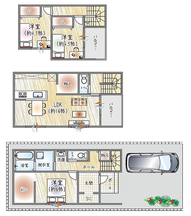 【【1号地/参考プラン(3)】】(ベストプラン建物価格:2380万円~)
■建物面積:98.56m2 ■3階建て×3LDK
WICとSICで収納が整う、快適に暮らせる住空間。