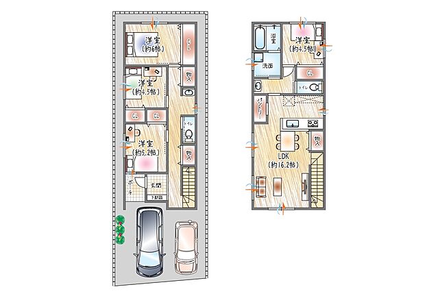 【【参考プラン(4)】】(セミオーダー建物価格:2580万円~)
■建物面積:約96.16m2 ■2階建て×4LDK
駐車2台可能!南東側から明るい陽が差し込む快適なリビングのある住まい