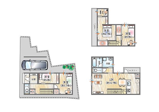 【【参考プラン(2)】】(ベストプラン建物価格:2480万円~)
■建物面積:96.07m2 ■3階建て×3SLDK
仕事・子育て、趣味の時間も。暮らし方が広がる3SLDK+書斎のある住まい