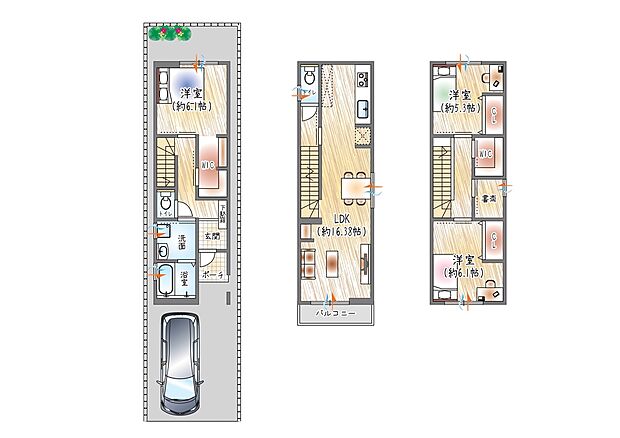 【【参考プラン(1)】】(ベストプラン建物価格:2480万円~)
■建物面積:96.91m2 ■3階建て×3SLDK
2か所のWICに加え、書斎を備えた収納力・機能性に優れた住まい。