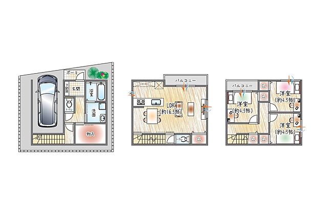 【3LDK】【参考プラン(1)】(ベストプラン建物価格：2480万円～)
■建物面積：87.79m2 ■3階建て×3LDK
1階大容量の物入で季節物の洋服や非常用品などもすっきり収納◎