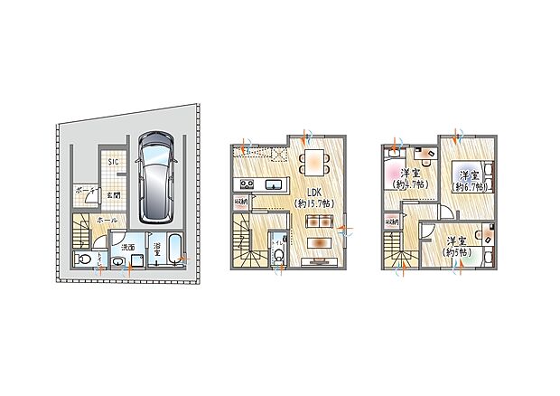【3LDK】【参考プラン(2)】(ベストプラン建物価格:2480万円~)
■建物面積:83.85m2 ■3階建て×3LDK
大容量のSIC付き!靴やアウトドア用品もしっかり収納できる玄関。