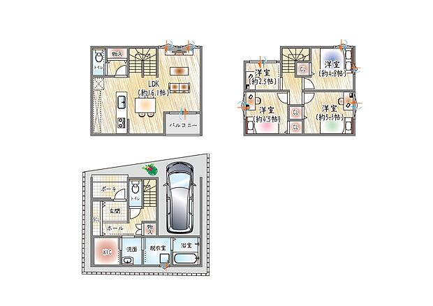 【4LDK】【確定図】
■建物面積:約106.63m2 ■3階建て×4LDK
収納豊富◎大容量のウォークインクローゼット付き3階建て。1階水回り集約で家事動線抜群の間取り。