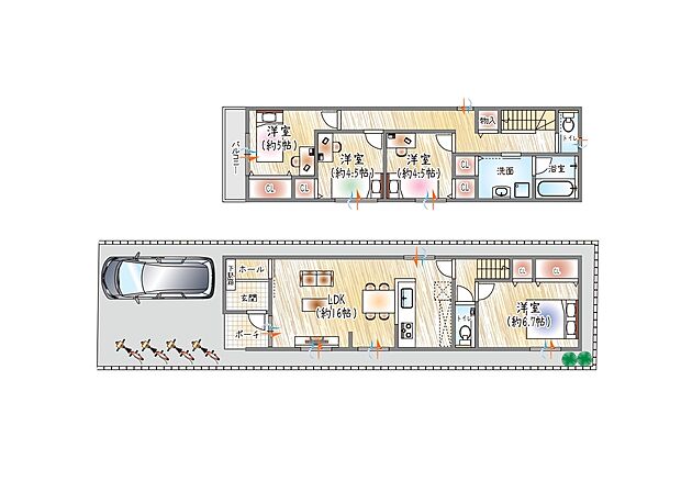 【【参考プラン(2)】】(ベストプラン建物価格:2480万円~)
■建物面積:96.68m2 ■2階建て×4LDK
玄関からリビングに繋がる間取り。自然と顔を合わせ、会話が増える住まい。